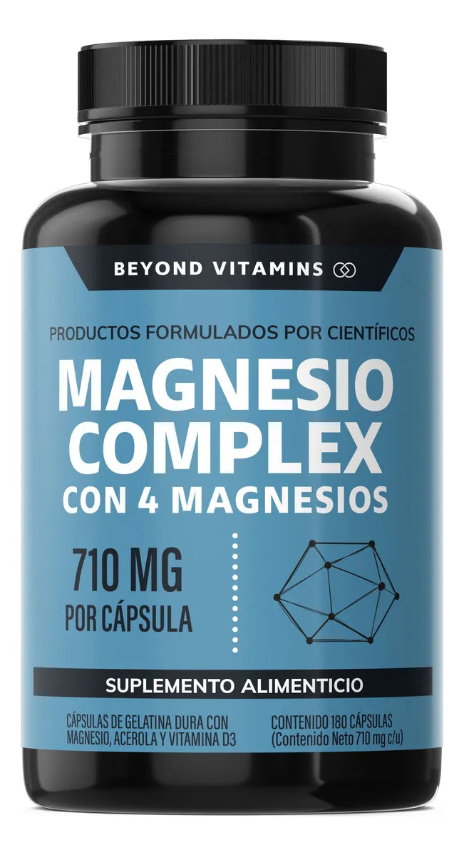 Frasco de Magnesio Complex 4 en 1 con 60 cápsulas — Citrato, Glicinato, Gluconato y Óxido  
